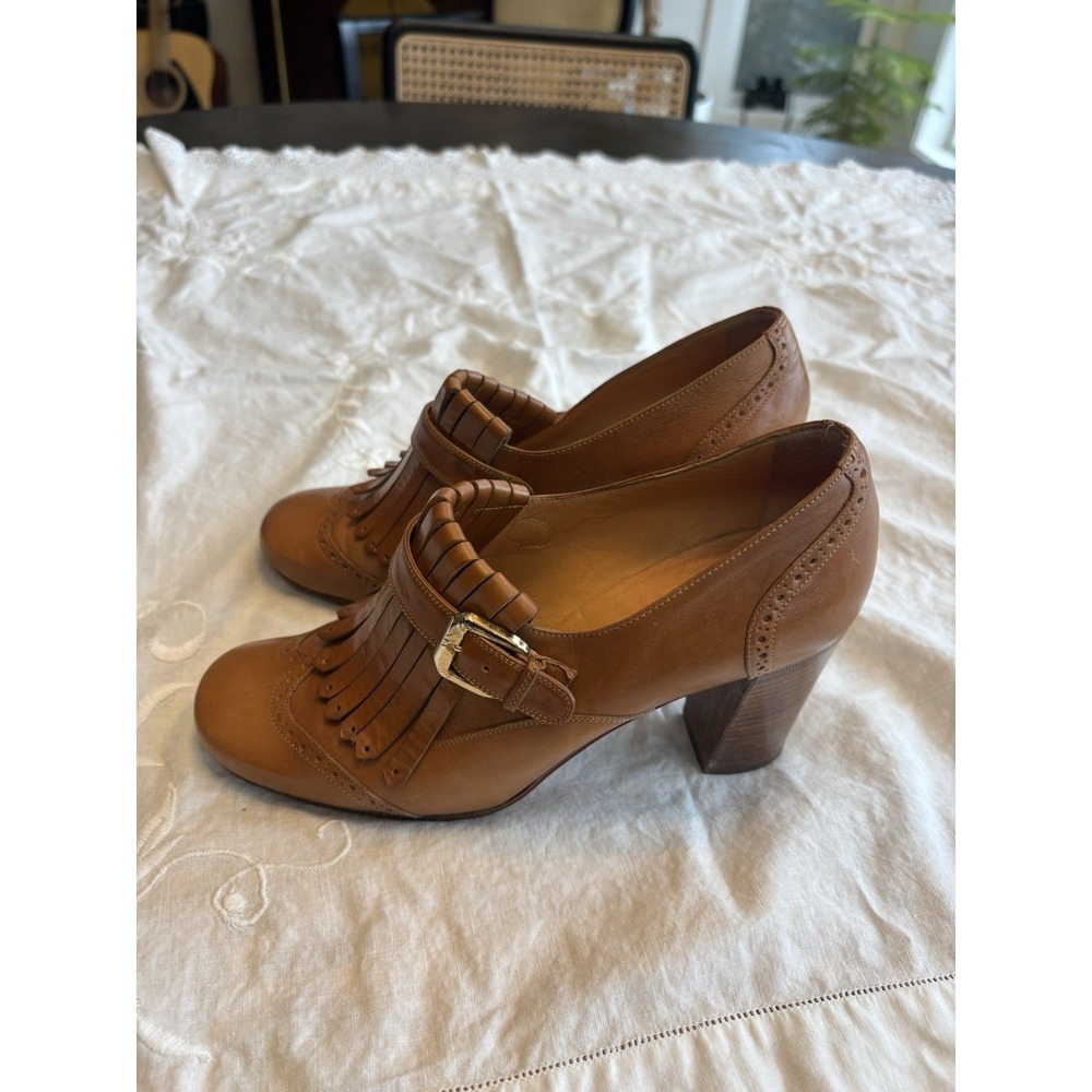 Pollini Slip On Oxford‎ Brown Shoes Gold Buckle Leather Soles Size 37 Made Italy